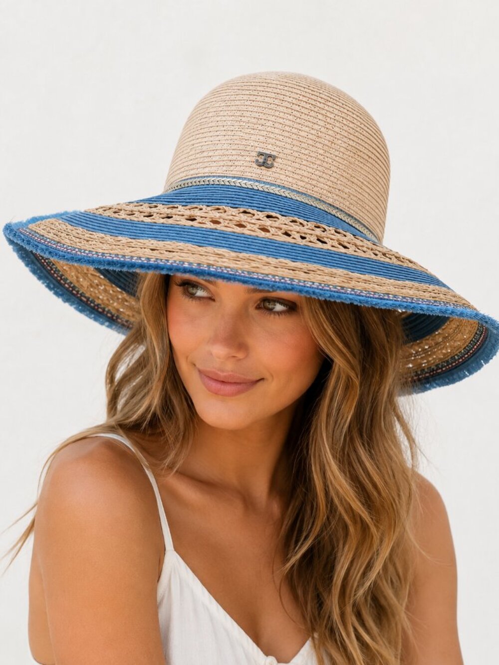 John Callanan Permanent Vacation Wide Brim Raffia Sun Hat Blue Natural NWOT